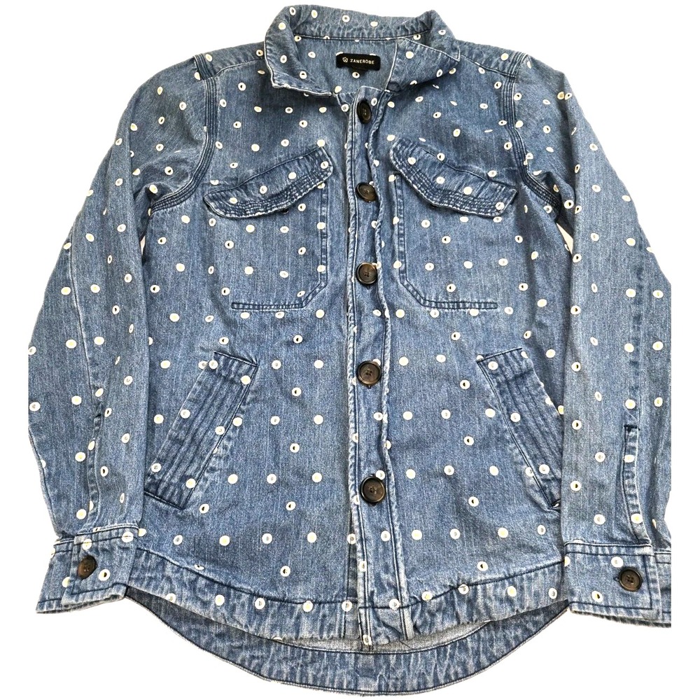 Men Zanerobe Button Up Jacket Denim Blue Pockets EUC Dot Pattern